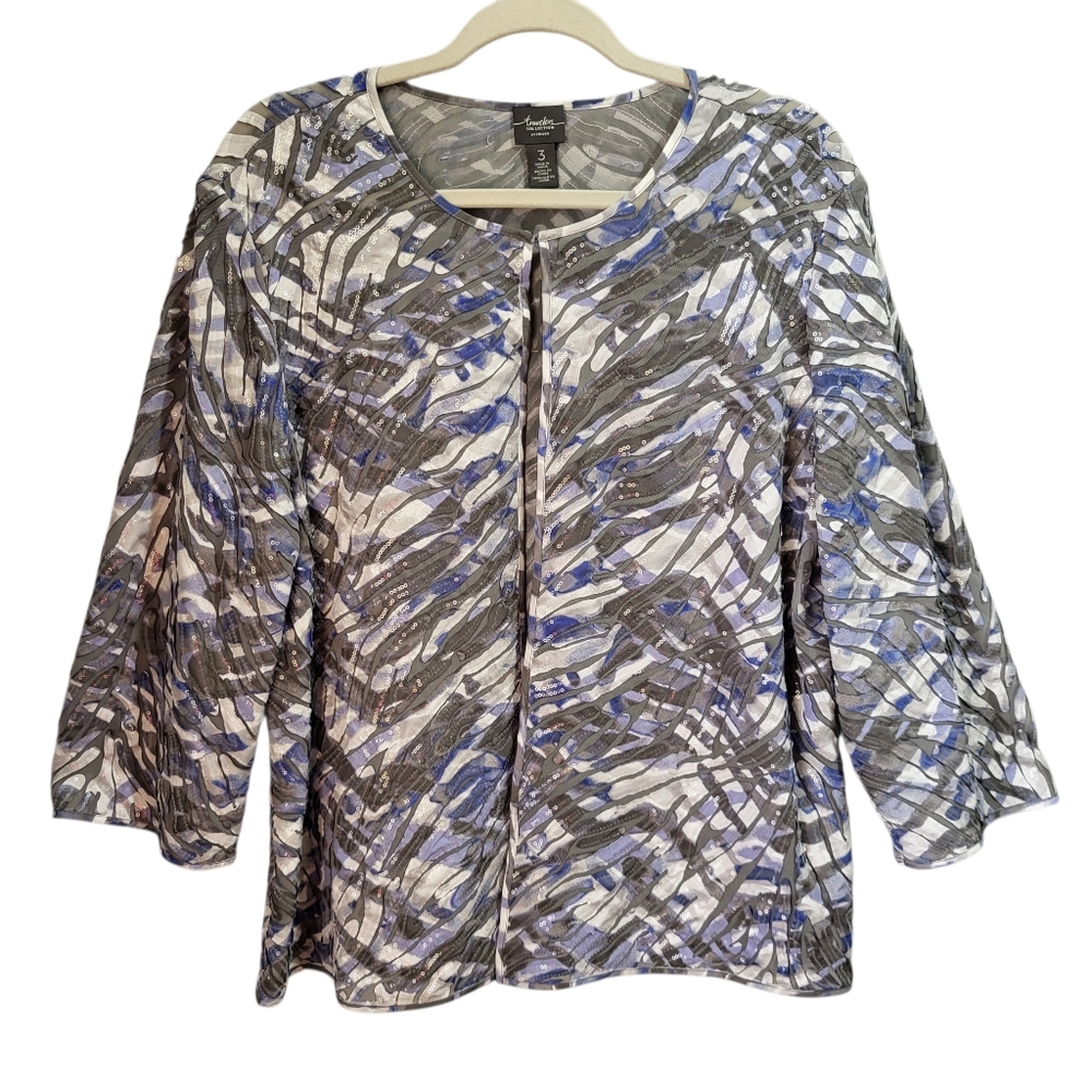 Chico's Travelers Watercolor Applique Jacket Sz 3 / XL Sequins Mesh Artsy Office